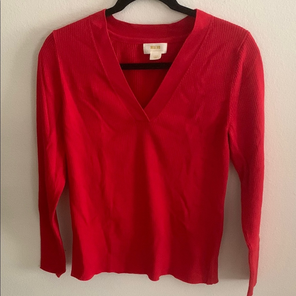 Red V-Neck Ribbed Long Sleeve Top by Anthropologie